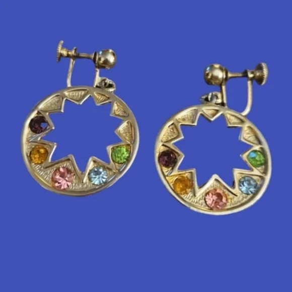 Antique 1920s Art Noveau Atomic Star Rainbow Rhinestone Screw-on Nebula Earrings - Picture 1 of 6
